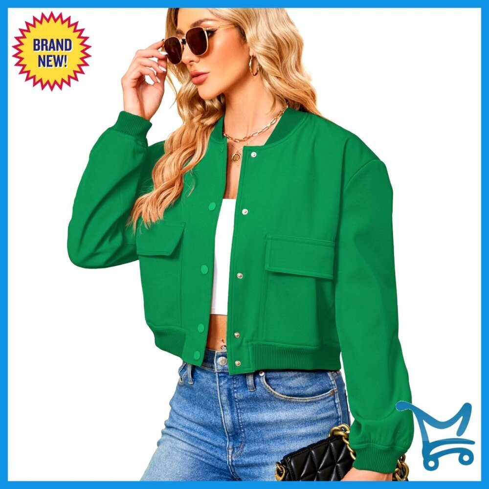 Cropped Bomber Jacket Women's Button Down Long Sleeve Casual Varsity with
